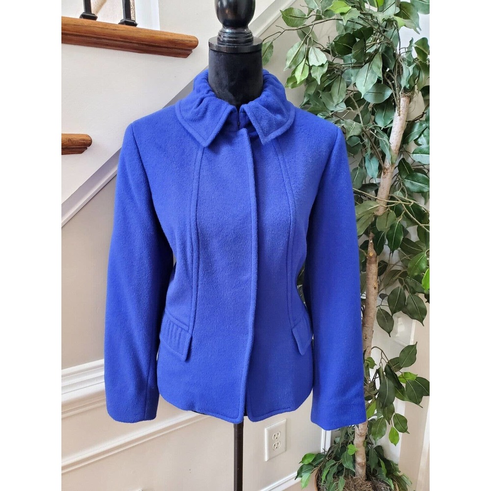Etcetera Women's Solid Blue Wool Blend Long Sleeve Casual Pea Coat Size 12